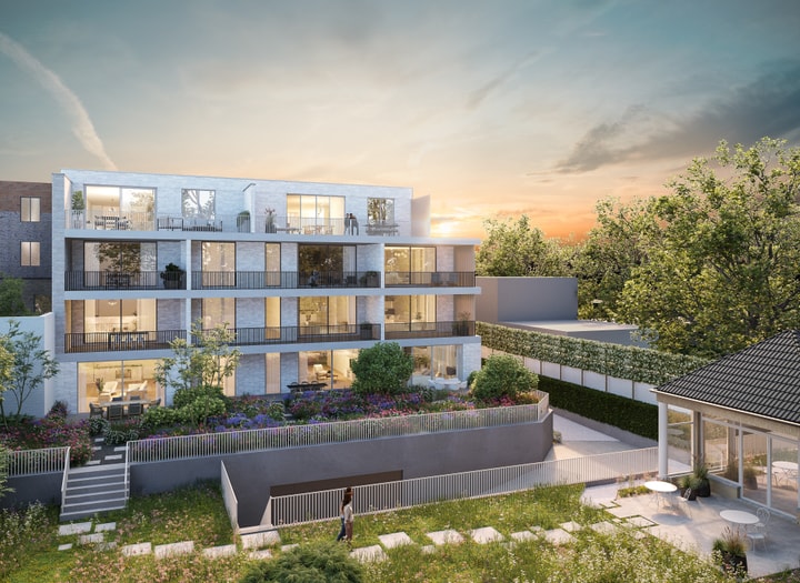 Bostoen La Tourbière moderne nieuwbouwappartementen in Aalst render tuin avond