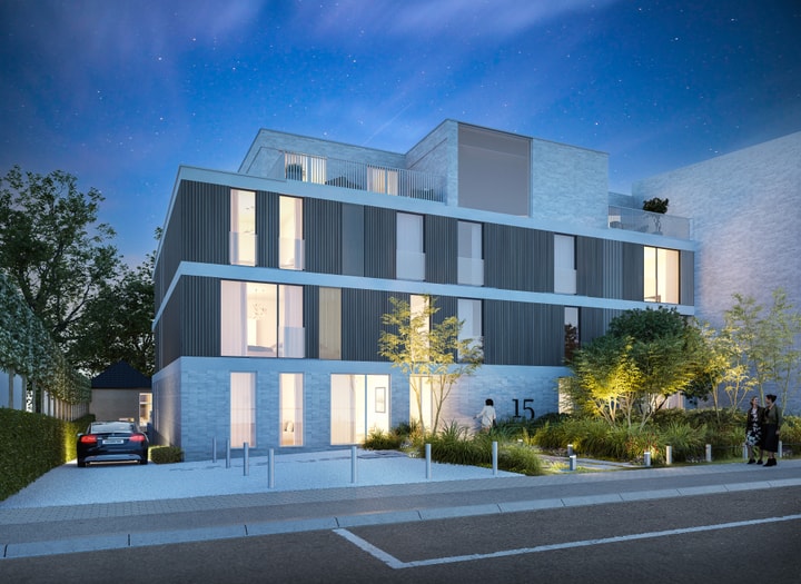 Bostoen La Tourbière moderne nieuwbouwappartementen in Aalst render voorgevel nacht