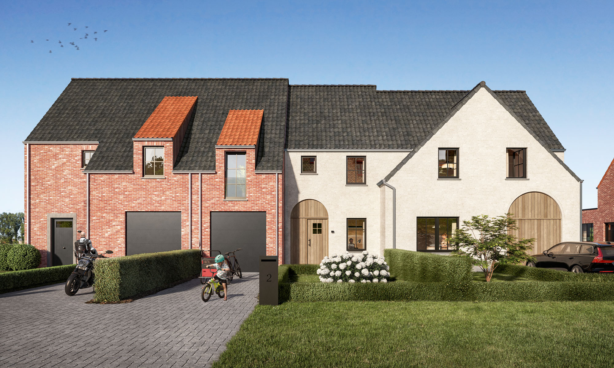 Render voorgevel Hof van Leerne pastorijwoningen in Bachte-Maria-Leerne