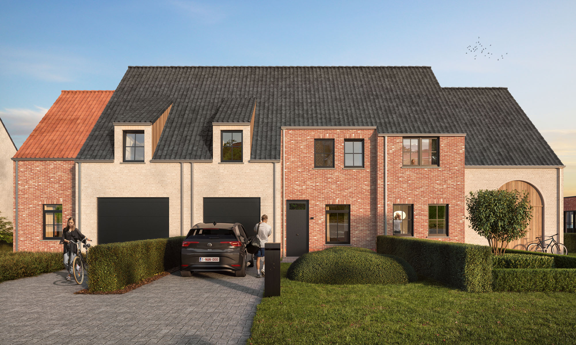 Render voorgevel Hof van Leerne pastorijwoningen in Bachte-Maria-Leerne