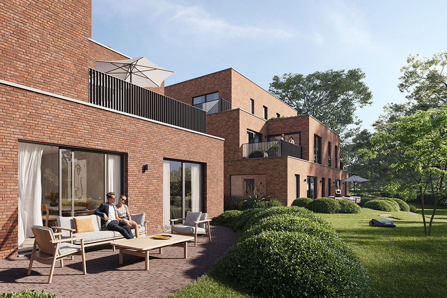 Bostoen moderne nieuwbouwappartementen Merelbeke De Lijsters render tuin terras