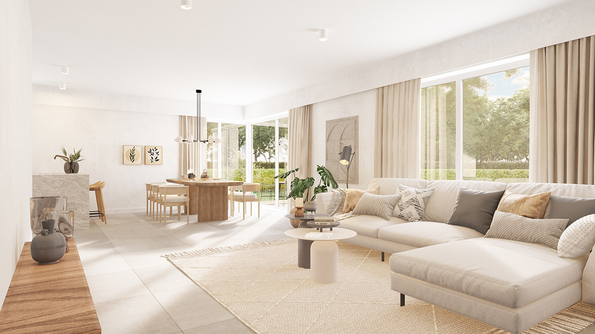 Bostoen Willemot moderne gezinswoningen in Mariakerke Gent render leefruimte
