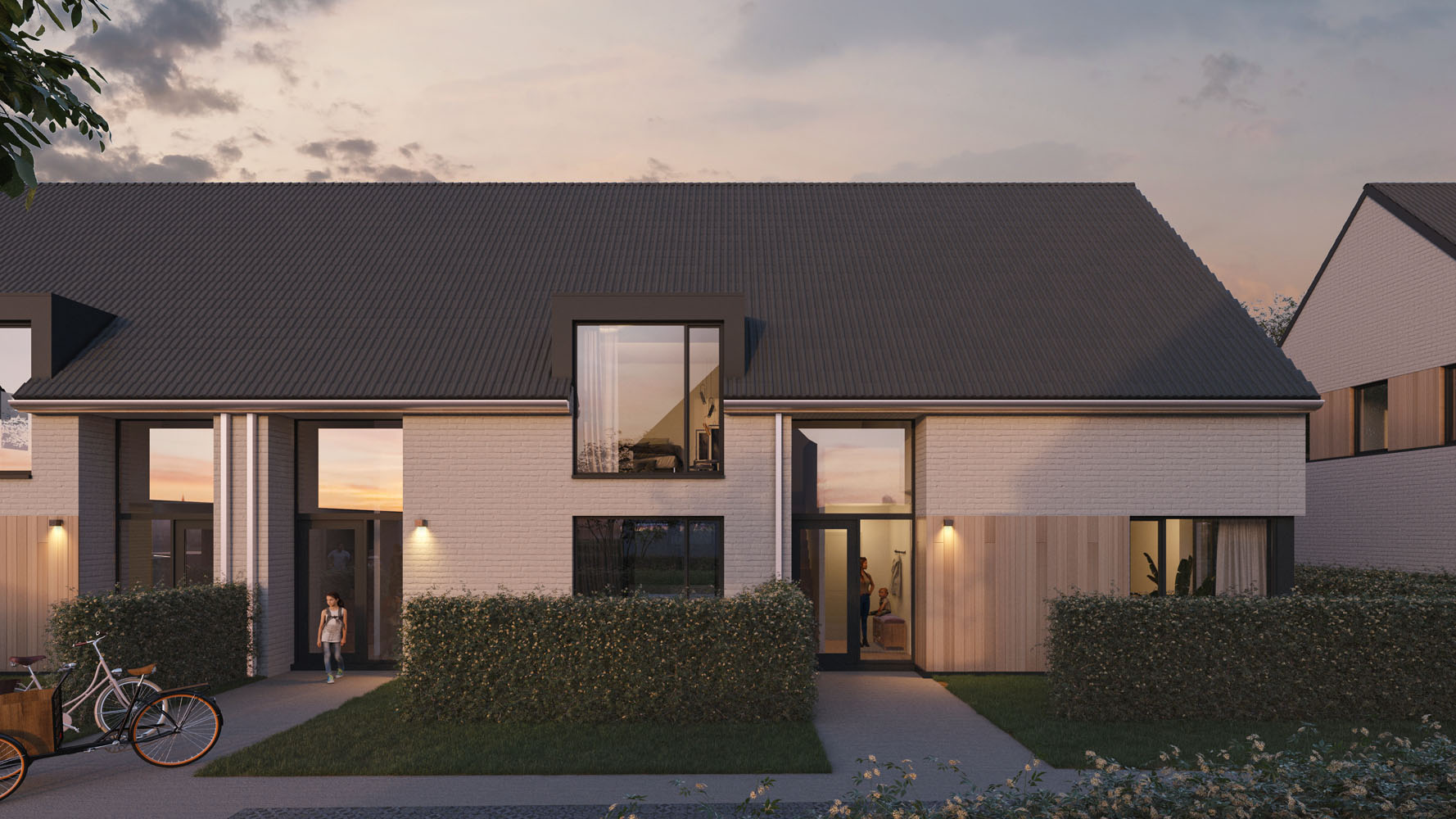Bostoen WilgenHof nieuwbouw ruime gezinswoningen in Astene render voorgevel avondbeeld